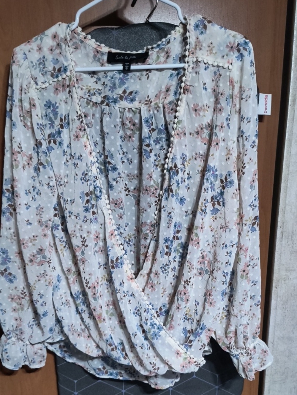 Cream Floral Wrap Blouse with Blue Accents